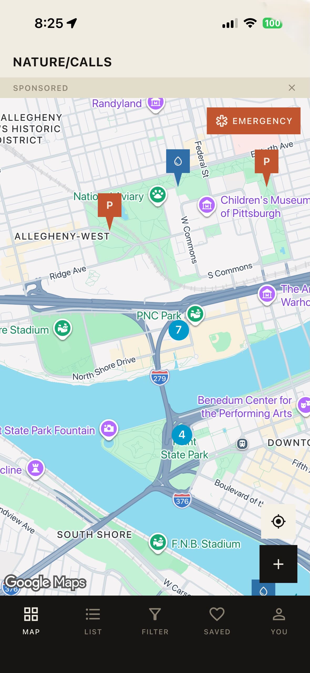 Nature Calls Run app map screen showing nearby restroom pins